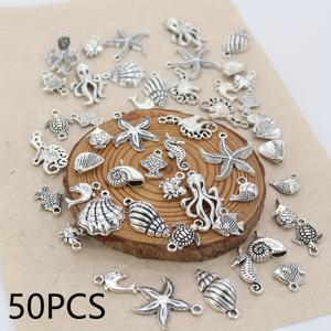 TEMU 랜덤 혼합 합금 조개/조개껍질/거북이/물고기/해마 및 기타 모양 펜던트 50개 세트 - 수제 DIY 팔찌, 귀걸이 목걸이 주얼리 제작용 안티크 실버 해양 생물 모양 펜던트