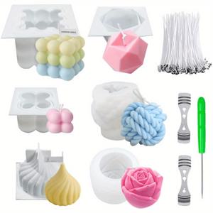 TEMU 6PCS 실리콘 캔들 몰드 세트, 양털 공기 방울 캔들 몰드, 3D 장미 실리콘 몰드, 베이킹 케이크 몰드, 대두 왁스 실리콘 몰드, 비누, DIY 캔들 (6개 3D 캔들 몰드, 100개 캔들 윅, 2개 윅 홀더, 1개 바늘 포함)