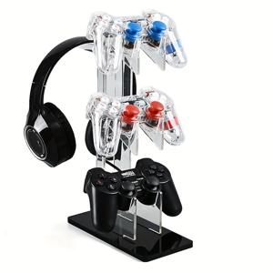 TEMU 3-in-1 게임 컨트롤러 & 헤드폰 스탠드 - PS5, PS4, Xbox 시리즈 액세서리용 슬림 블랙 아크릴 정리대, 투명 디자인, 컨트롤러 & 헤드셋용 멀티슬롯 보관, 데스크탑 정리함 | 모던 게이밍 장식 | 견고한 디자인
