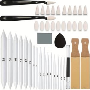 TEMU 43개 혼합 스탬프와 토르티용 종이 아트 블렌더, 스케치 드로잉 도구, 스케치 와이프 스크래퍼, 고무 스펀지, 반죽 지우개 및 사포 샤프너 포함