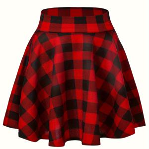 TEMU 여성용 플레드 미니 스케이터 스커트, 캐주얼 플레어 하이 스트레치 폴리에스테르 85% 스판덱스 15% 원단 스커트, 올 시즌 페스티벌 행사, 200g/m² 원단 무게