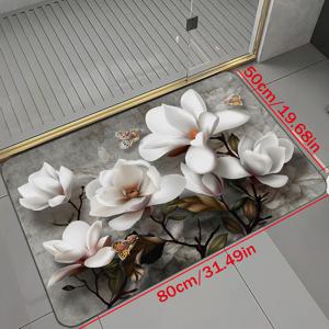 TEMU 1개 매그놀리아 꽃 프린트 바닥매트 - 미끄럼방지 세탁 가능 욕실 러그, 100% 폴리에스터 화이트 매그놀리아 & 나비 디자인, 15.74x23.62~47.24인치, 욕실 싱크대, 욕조, 현관, 침실, 거실 장식용 욕실 바닥매트