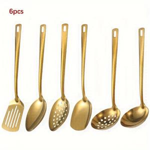 TEMU 6pcs 스테인레스 스틸 식기, 금색 블랙 실버 서빙 스푼/밥 숟가락/콜란더/스키머, 버펫, банк릿, 가족 모임에 적합, 거울 폴리싱 기술, 식기 세척기 청소
