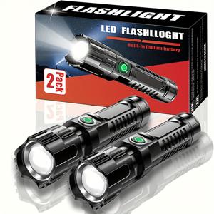 TEMU 2팩 YANHUO LED 손전등, 350 루멘 초강력, 3가지 모드, 줌 가능, 충전식 800mAh 리튬 배터리, 캠핑, 야외 하이킹, 가정용 비상, USB 충전, ABS 소재, 비수면, 충전 케이블 및 가이드 포함, 할로윈, 추수감사절, 어머니의 날, 독립기념일에 이상적|후레쉬