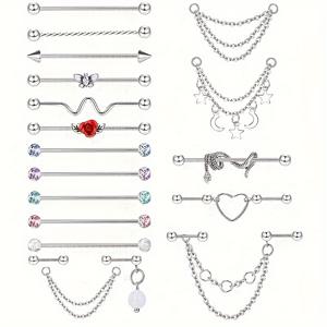 TEMU 19pcs 산업 바벨 피어싱 보석, 남성용 스테인레스 스틸 산업용 귀걸이, 스네이크 체인 댕글 귀개 헬릭스 피어싱 보석