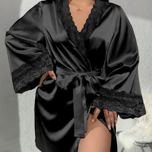 TEMU 여성용 플러스 사이즈 새틴 같은 슬립 로브 - 섹시한 레이스 트림 V넥 조절 가능한 허리끈, 루즈핏 사계절 홈웨어, 세탁기 사용 가능 라운지웨어, 속옷 잠옷, 레이스 디테일