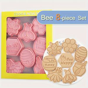 TEMU 8pcs 벌꿀 쿠키 커터 쿠키 스탬프 3D 손압력 플라스틱 파운던트 케이크 장식 도구 파티 디저트 만들기 비스킷 금형