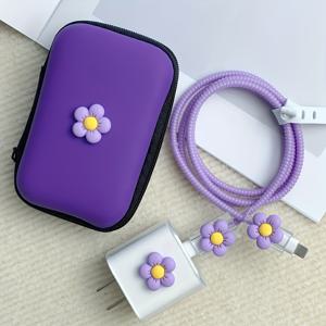 TEMU 6팩 귀여운 꽃 디자인 TPU 충전기 및 헤드폰 보호기 세트, 내구성, 다기능, 18W/20W 충전기, 메모리 카드, 휴대용 및 방해받지 않음, iPhone과 호환 가능