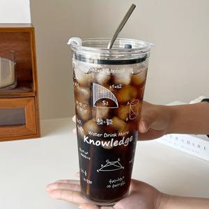 TEMU 1개, 1000ml 창의적인 디자인 유리컵, 큰 열에 강한 투명한 물컵, 뚜껑과 금속 빨대가 있는 가정용 음료 라떼 우유컵, 사무실, 식당, 바용|텀블러