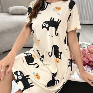 TEMU 웃긴 고양이 프린트 나이트드레스, 반팔 라운드 넥 티 슬립 드레스, 여성용 잠옷 및 드레스