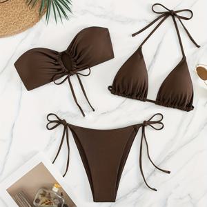 TEMU 여성 섹시 오프숄더 비키니 세트, 레이스업 디테일이 있는 3pcs 니트 원단 수영복, 폴리에스테르 95% 엘라스테인 5%, 중간 신축성, 단색 비치 리조트 수영복