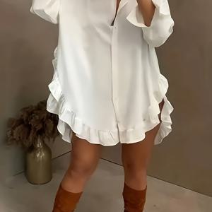 TEMU 봄과 가을을 위한 세련된 롱 슬리브 오버사이즈 블라우스, 러플 헴 버튼 프론트 블라우스, 여성 의류