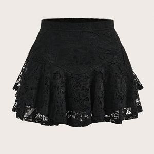TEMU 여성용 하이웨이스트 스트레치 레이스 트림 스커트 - 단색 블랙 플레어 캐주얼/드레스 스타일, 봄 여름 가을용, 세탁기 및 드라이클리닝 가능, 귀여운 스커트, 계절 패션, 우아한 핏