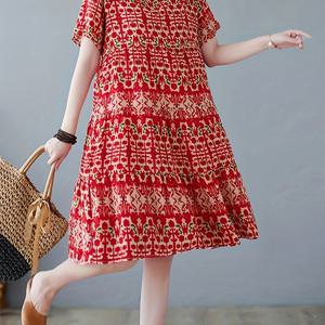TEMU 여성용 캐주얼 플로럴 프린트 A라인 드레스 - 레드 & 화이트 라운드넥 여름 원피스, 반팔, 가벼운 통기성 소재, 손세탁 전용, 비치웨어 및 해변 나들이용, 따뜻한 날씨에 어울리는 스커트 스타일|인견원피스