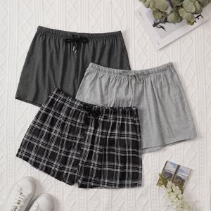 TEMU 3개 여성용 플러스 캐주얼 라운지 반바지, 플러스 사이즈 단색 및 플레드 프린트 조절 끈 신축성있는 허리 홈 웨어 반바지