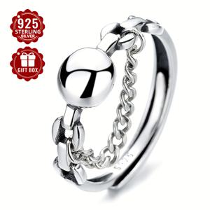 TEMU 일상적인 여행과 놀이에 적합한 2.2g/0.08oz의 S925 스털링 실버 크리에이티브 체인 라운드 광택 반지, 레트로 쿨 스타일 레이디스 인덱스 핑거 링