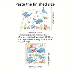 TEMU 1세트 2장, 30*60cm*2개 수중 세계 상어 해파리 거북이 욕실 화장실 장식 스티커, 욕조 애플리케, 세면대 홈 데코 벽 스티커