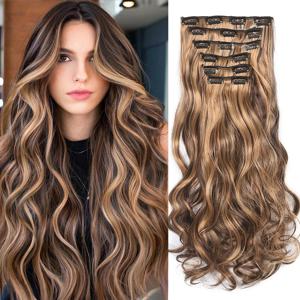 TEMU 6PCS 클립 인 헤어 익스텐션 골든 헤어 믹스 브라운 20 인치 롱 웨이브 합성 헤어 익스텐션 할로윈 크리스마스