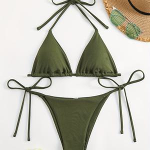 TEMU 타이 프론트 디테일이 있는 세련된 단색 리브드 비키니 세트 - 스트레치 폴리에스테르-엘라스탄 블렌드, 여성용 슬리브리스 할터 넥 수영복 - 해변 및 수영장 활동에 이상적, 수영장용 수영복 | 세련된 비키니 세트 | 고 탄성 소재