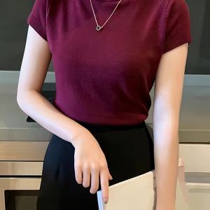 TEMU 여성용 비스코스 니트 탑, 단색 하이넥 반팔 풀오버, 캐주얼 올시즌 200g/m² 경량 섬유 직물 셔츠