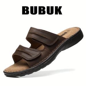 TEMU BUBUK 남성용 진짜 가죽 샌들 - 여름 해변 두꺼운 밑창, 가벼운 부드러운 바닥, 편안한 착용을 위한 통기성 야외 신발, 조절 가능한 스트랩 폐쇄형 발가락 디자인, 스트랩 샌들|샌들