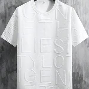 TEMU 남성용 캐주얼 자카드 레터 프린트 티셔츠 - 릴랙스 핏 라운드 넥 반팔, 흰색 텍스트가 있는 검정색, 세탁기 및 드라이클리닝 가능, 비침 방지 소재, 질감 있는 원단