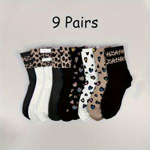 TEMU 9 켤레 하트 & 프린트 양말, 가을 & 겨울용 스타일리시 & 편안한 미드 튜브 양말, 여성용 스타킹 & 양말