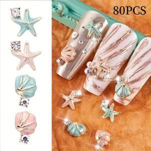 TEMU 80개의 해양 테마 네일 참 세트, 에나멜 해별, 조개 비즈, 진주 액센트로 네일 아트 장식 및 소품용, 무향|네일재료