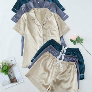 TEMU 여성용 파자마 세트, 편안한 짧은 소매, 버튼업 상의, 그리고 매듭 디테일이 있는 핏된 반바지.|여름잠옷