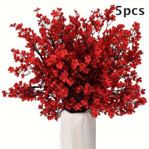 TEMU 5pcs 인공 안개꽃 빨간색 꽃다발, 실제 터치 시뮬레이션 꽃꽂이, 홈 웨딩 파티 꽃병 충전, 결혼식 야외 정원 장식 할로윈 크리스마스 새해 장식 생일 파티에 적합