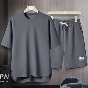 TEMU 남성용 여름용 반팔 정장, 라운드 넥 티셔츠, 고급 단색 컬러, 반팔, 오픈 헤어핀, 얇고 통기성 좋은 반바지, 투피스 세트, AWESOME BIRD|남성반바지