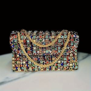TEMU 고급스러운 라인스톤 & 비즈 여성용 이브닝 클러치 - 조절 가능한 스트랩이 있는 우아한 다색 PU 핸드백, 연회, 결혼식 및 공식 행사용 골든톤 하드웨어, 공식 행사용 가방 | 우아한 이브닝 클러치 | 자석 클로저 백