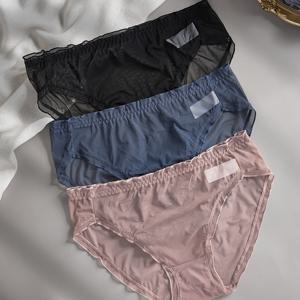 TEMU 3pcs 여성용 플러스 사이즈 투명 메쉬 팬티 - 통기성 및 편안함, 중간 허리 브리프, 다크 블루, 블랙 및 핑크, 세련된 디테일링 (엘라스탄)