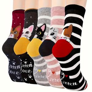 TEMU 5 켤레 만화 고양이 & 양말, 귀엽고 편안한 미디 튜브 양말, 여성용 스타킹 & 양말