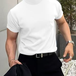 TEMU 남성 여름 패션 티셔츠, 터틀넥 및 반팔 솔리드 컬러 니트 티, 데일리 아우터웨어를 위한 레저 상의