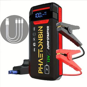 TEMU 12V 자동차 점퍼 스타터 배터리 팩, 디지털 디스플레이가 있는 빠른 충전, USB Type-C, 가솔린 및 디젤 엔진 최대 7.0L/5.5L용 휴대용, 저장 케이스 및 LED 조명이 있는 충전식 리튬 폴리머 배터리, 휴대용 점프 스타터|기능 디스플레이|충전식 배터리, 휴대용 충전기