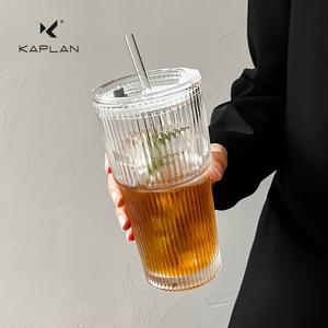 TEMU 1개, 뚜껑과 빨대가 있는 줄무늬 유리 - 대용량 600ml, 재사용 가능, 차가운 음료, 주스 및 커피에 적합 - 가정, 사무실 및 휴일 파티에 이상적