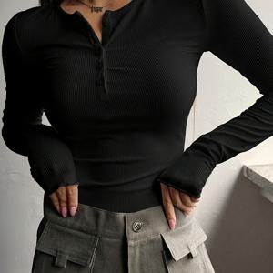 TEMU 여성용 리브드 버튼 프론트 긴팔 티셔츠 - 부드럽고 신축성 있는 솔리드 컬러 탑, 섹시 캐주얼 스타일 봄/가을용, 세탁기 사용 가능, 노치 칼라, 고탄력