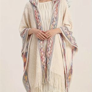 TEMU 여성용 트라이벌 후드 니트 가디건, 프링글 디테일, 아크릴 100% 긴 길이 셔울 랩, 봄/가을용, 정규 핏, 벨트 없음, 중간 스트레치 소재