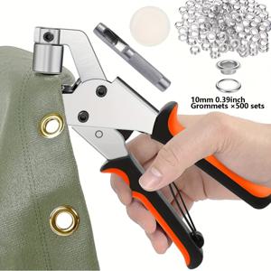 TEMU 3/8인치 10mm 헤비 듀티 그로멧 플라이어와 500개 실버 그로멧/500개 골든 그로멧/500개 실버 그로멧, 아일렛 프레스 플라이어 수동 핸드헬드 펀칭 머신 툴 키트, 가죽, 배너, 어닝, 포스터, 카드용