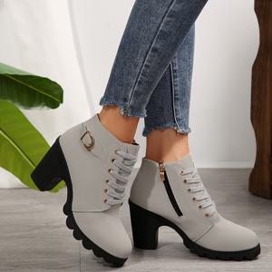 TEMU 여성용 청키 힐 짧은 부츠, 패션 레이스 업 사이드 지퍼 부츠, 편안한 발목 부츠