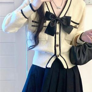 TEMU 우아한 블랙 니트 가디건 대형 리본 디테일 - V넥, 긴팔, 여성 패션 스웨터 봄/가을용, 아름다운 기질, 나비 매듭