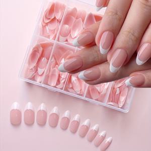 TEMU 프랑스 핑크 아몬드 셰이프 네일 스티커, 120/240개 박스당, 짧고 심플한 데일리 네일 아트