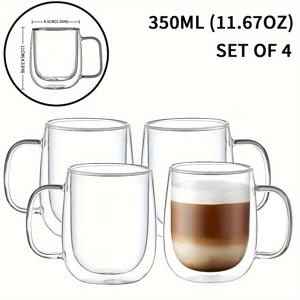 TEMU 4PCS/2PCS. 12OZ. 핸들을 갖춘 이중벽 단열 유리 커피 머그잔. 붕규산 유리 커피 컵. 투명 이중벽 단열 머그잔. 커피, 카푸치노, 라떼, 차, 뜨겁고 차가운 음료에 적합합니다. 부활절, 크리스마스, 가족 저녁 식사, 생일 파티에 이상적입니다. 350ML.|텀블러|커피