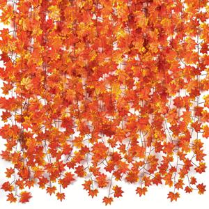 TEMU 12개 생생한 가을 단풍잎 가랜드 - 현실적인 플라스틱 가을 잎사귀 덩굴, 추수감사절 & 할로윈 장식에 완벽, 실내/외부 사용에 다용도, 전원 필요 없음, 가을 홈 장식