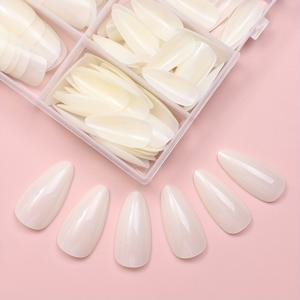 TEMU 120개 베이지 누드 글로스 롱 아몬드형 인조 네일, 베이지 시리즈 솔리드 컬러 프레스온 네일 세트, 미니멀 스타일 풀 커버 네일 아트용