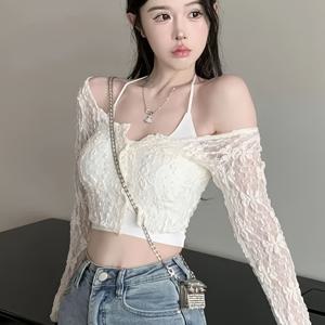 TEMU 여성용 시크한 살구색 레이스 가디건 - 섹시한 홀로우아웃 자수 디자인, 긴 소매, 가벼운 & 슬림핏|볼레로