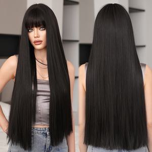 TEMU 1pc 7JHH WIGS 여성용 롱 블랙 합성 가발 앞머리 포함, 고밀도 150%, 내열성 섬유, 로즈 넷 캡, 데일리 & 파티 용 기본 스타일, 28.34 인치, 카니발/마디 그라/가면 무도회