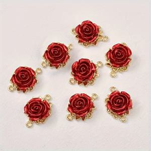 TEMU 8개 세트 레드 & 골든 5잎 디자인 레진 장미 참, 목걸이 귀걸이 키체인 액세서리용 DIY 주얼리 만들기, 금색 캡 포함