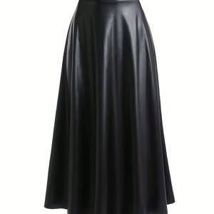 TEMU 여성용 우아한 블랙 폴리에스터 플레어 스커트 - 세탁기 사용 가능, 단색, 봄 & 가을 착용, 부드러운 질감, 가벼우면서 편안한 착용감